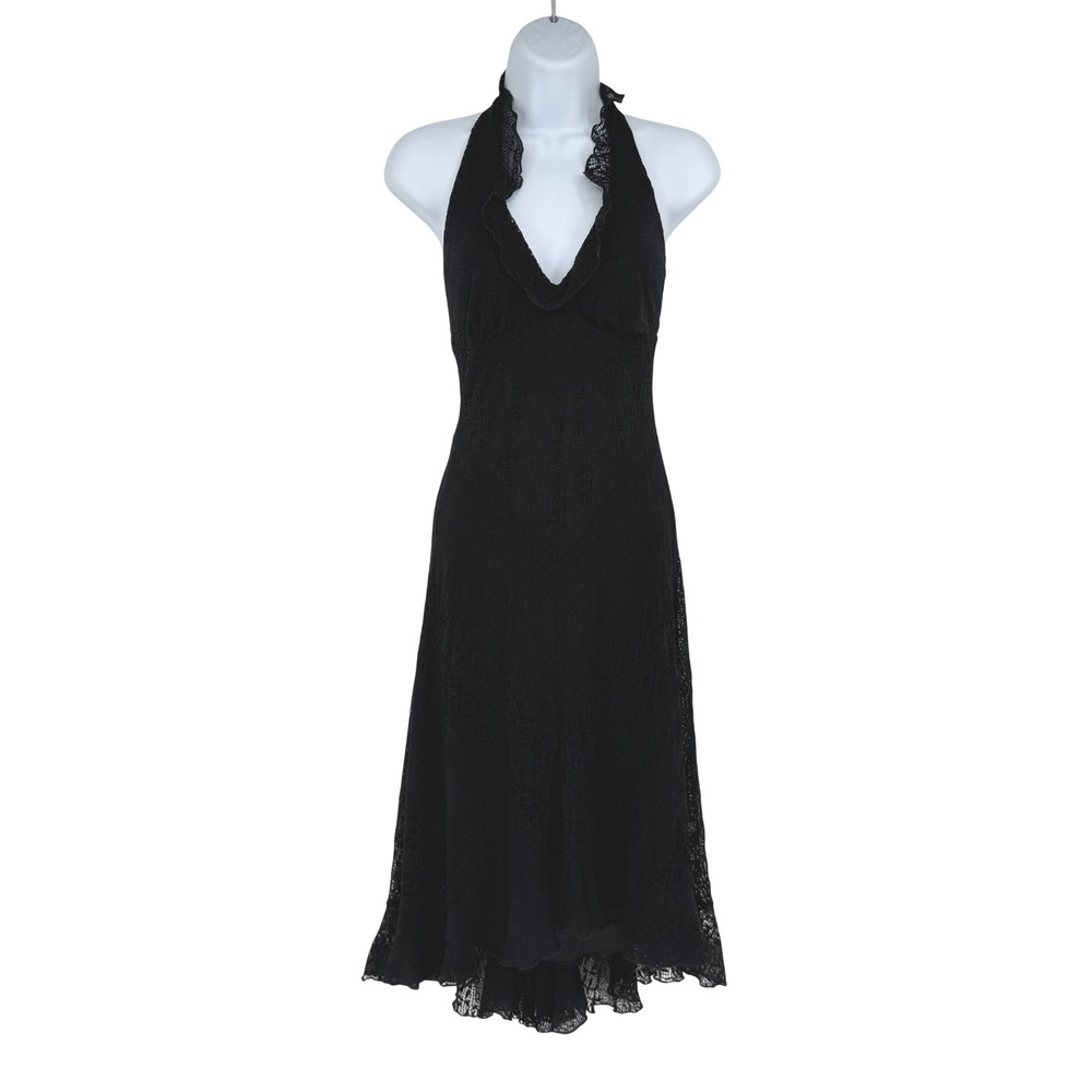 Betsey Johnson New York Black Lace Halter High Low Dress Petite P Y2K Vintage